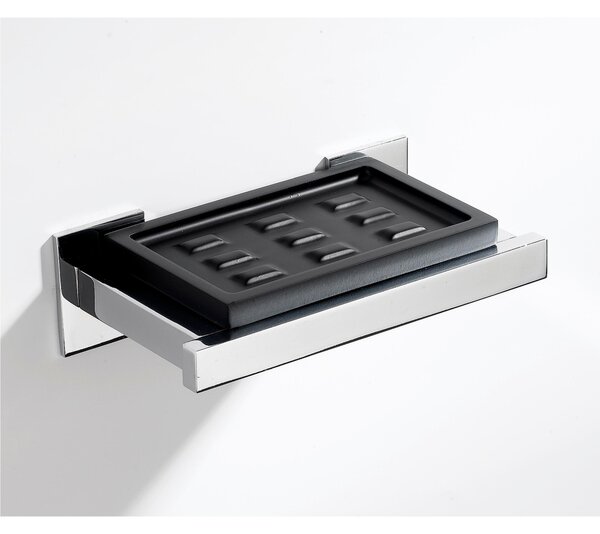 Portasapone in resina poliestere nero DIVA 14x8xh3 cm -Peso 0,75 kg supporti in ottone cromato colore inox lucido