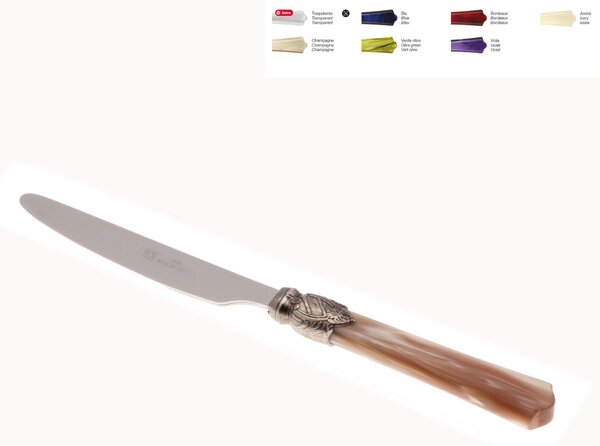 Coltello tavola VITTORIA Set di 6 Pezzi in acciaio 18.10 Lunghezza 24 cm manico in Plexiglas con ghiera Anticata lavabile in lavastoviglie Champagne