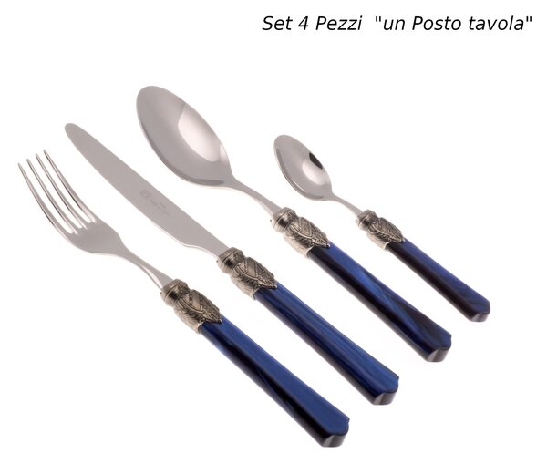 Posto tavola 4 Pezzi un coperto VITTORIA in acciaio inox 18/10 manico in plexiglas BLU spessore Acciaio 2,5 mm in confezione