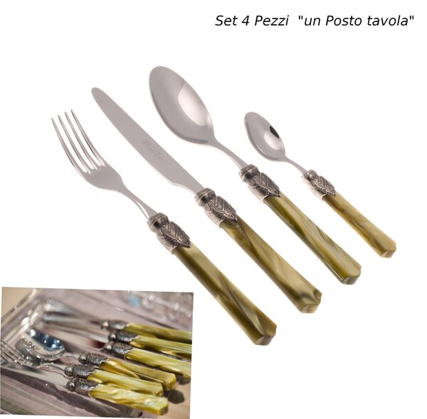 Posto tavola 4 Pezzi un coperto VITTORIA in acciaio inox 18/10 manico in plexiglas Verde Oliva spessore Acciaio 2,5 mm in confezione