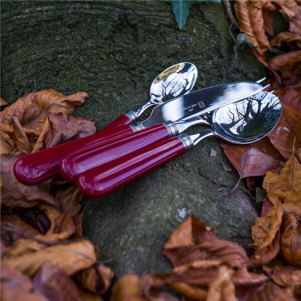Coltello tavola seghettato MOD Mistral Set di 6 Pezzi in acciaio 18.10 Lunghezza 26 cm manico in PPL lavabile in lavastoviglie colore Bordeaux