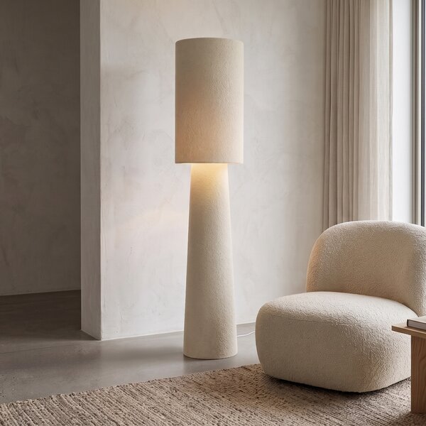 Lampada da terra Japandi beige in tessuto teddy a 2 luci - Trombet