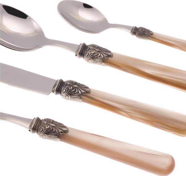 Coltello tavola ELENA Set di 6 Coltelli tavola in acciaio 18.10 AISI430 Lunghezza 26 cm, manico in Polimetilmetacrilato PMMA con ghiera metallica lavabile in lavastoviglie , Champagne