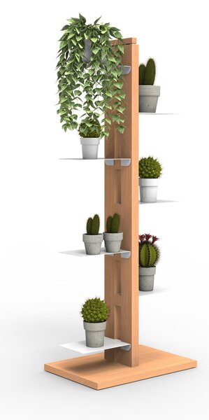 Porta piante a colonna ZIA FLORA 42x30xh 110 cm -dist. in altezza min 33-max 44 cm struttura legno massello di faggio evaporato colore Naturale Mensole in acciaio smaltato