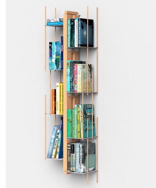 Libreria verticale Fissaggio a PARETE SOSPESA ZIA VERONICA 20x32xh 105 cm con struttura e bacchette in legno massello di faggio evaporato colore naturale. Mensole in acciaio smaltato