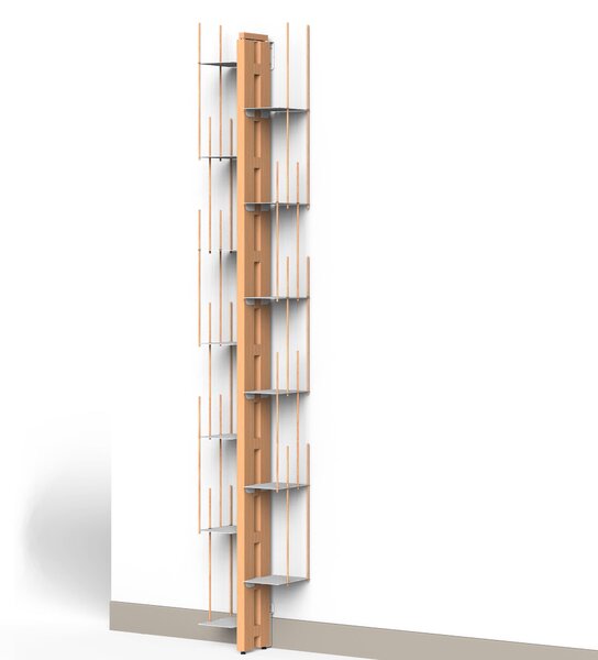 Libreria verticale Fissaggio a PARETE ZIA VERONICA 20x32xh 200 cm con struttura e bacchette in legno massello di faggio evaporato colore naturale. Mensole in acciaio smaltato