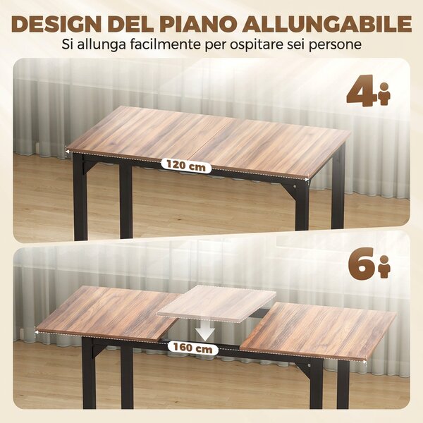 HOMCOM Set Pranzo 7 Pezzi per 4-6 Persone, Tavolo Allungabile 160 cm, Nero Noce | Aosom Italy
