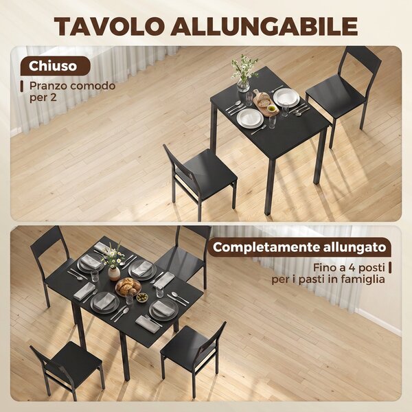 HOMCOM Set Tavolo da Pranzo con Tavolo Allungabile e Sedie Impilabili, Nero | Aosom Italy