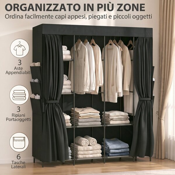 HOMCOM Armadio in Tessuto Salvaspazio con 3 Aste, 3 Ripiani, 6 Tasche Laterali, Ante Antipolvere con Zip, Nero | Aosom Italy
