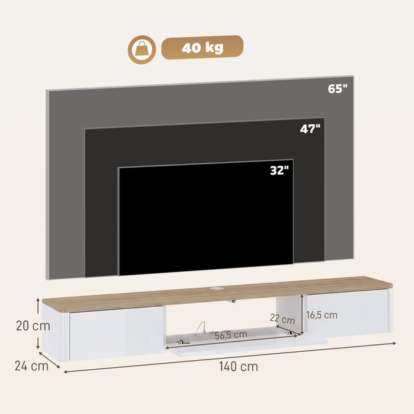 HOMCOM Mobile TV Sospeso Fino a 65" con 2 Cassetti, Armadietto, Luci LED RGB, Prese di Corrente, Bianco e Color Legno | Aosom Italy