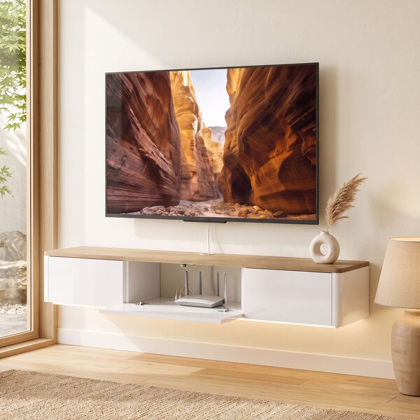 HOMCOM Mobile TV Sospeso Fino a 65" con 2 Cassetti, Armadietto, Luci LED RGB, Prese di Corrente, Bianco e Color Legno | Aosom Italy