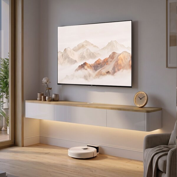 HOMCOM Mobile TV Sospeso Fino a 65" con 2 Cassetti, Armadietto, Luci LED RGB, Prese di Corrente, Bianco e Color Legno | Aosom Italy
