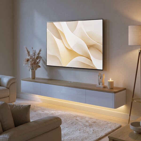 HOMCOM Mobile TV Sospeso Fino a 65" con 2 Cassetti, Armadietto, Luci LED RGB, Prese di Corrente, Bianco e Color Legno | Aosom Italy