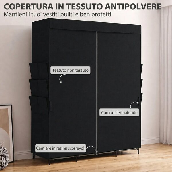 HOMCOM Armadio in Tessuto Salvaspazio con 3 Aste, 3 Ripiani, 6 Tasche Laterali, Ante Antipolvere con Zip, Nero | Aosom Italy