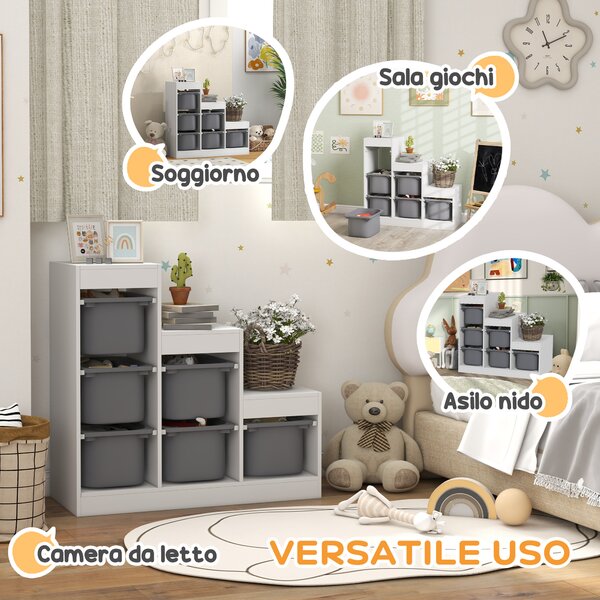 ZONEKIZ Mobiletto Scaffale a 3 livelli Portagiochi con 9 Cestini Rimovibili in MDF e Tessuto, per 3-8anni, 63x30x60cm, Grigio e Bianco|Aosom Italy