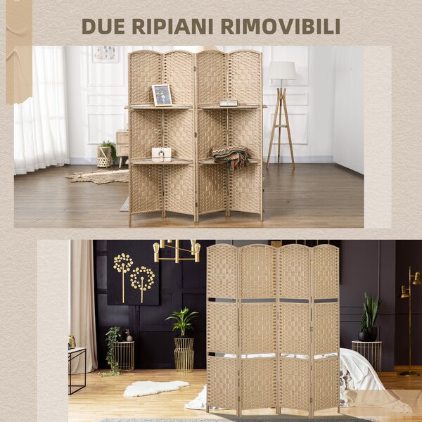 HOMCOM Paravento da Interno a 4 Pannelli Pieghevole con Mensole 160x170 cm, Colore Naturale