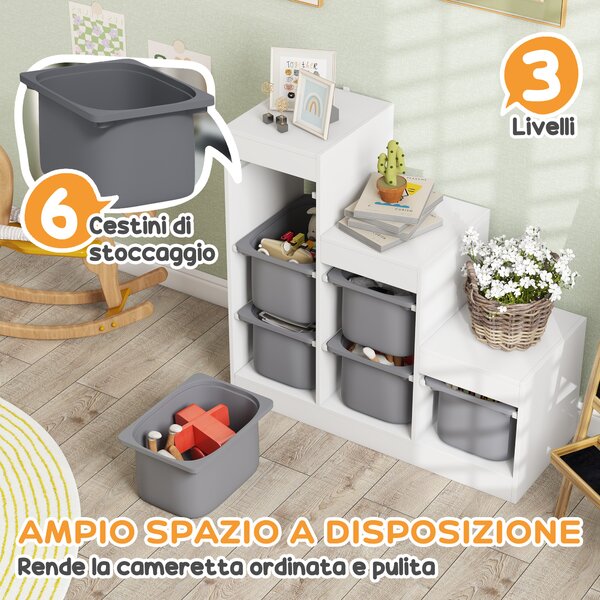 ZONEKIZ Mobiletto Scaffale a 3 livelli Portagiochi con 9 Cestini Rimovibili in MDF e Tessuto, per 3-8anni, 63x30x60cm, Grigio e Bianco|Aosom Italy