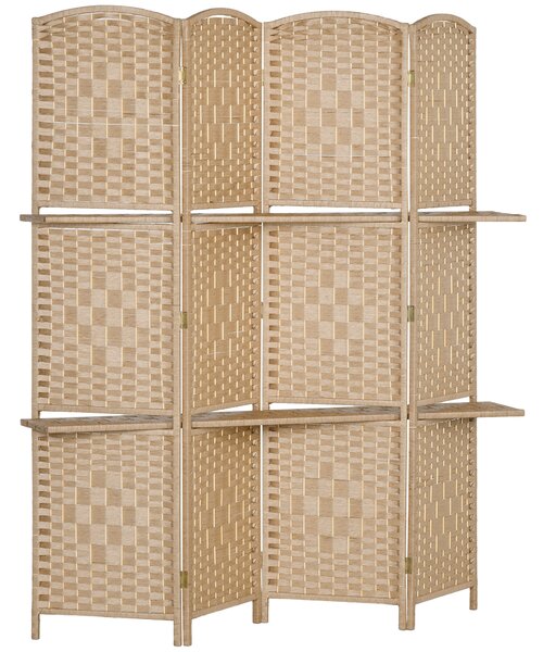 HOMCOM Paravento da Interno a 4 Pannelli Pieghevole con Mensole 160x170 cm, Colore Naturale