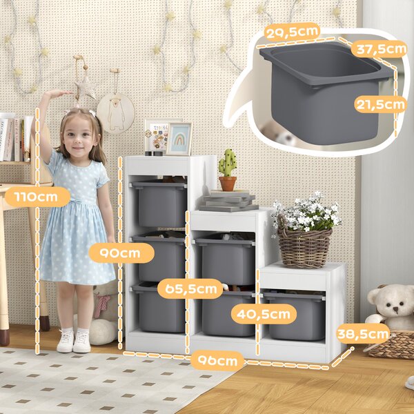ZONEKIZ Mobiletto Scaffale a 3 livelli Portagiochi con 9 Cestini Rimovibili in MDF e Tessuto, per 3-8anni, 63x30x60cm, Grigio e Bianco|Aosom Italy
