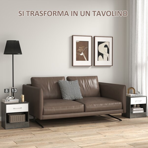 HOMCOM Set 2 Comodini Moderni con Ripiano Aperto e Cassetto, in Legno, 39x28x41 cm, Bianco e Grigio Scuro | Aosom Italy