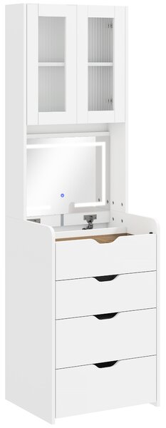 HOMCOM Toeletta Trucco con Specchio Illuminato e Sgabello, Luce Regolabile, Cassetti e Armadietto, 50x40x160 cm, Bianco | Aosom Italy