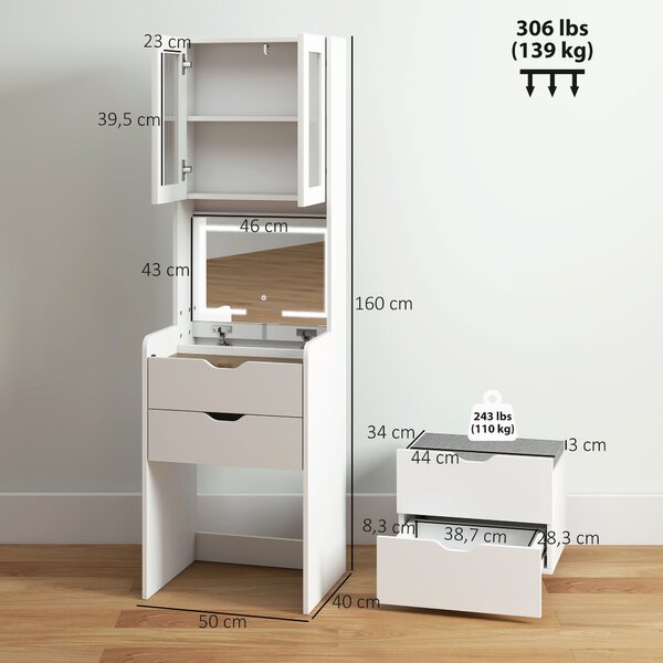HOMCOM Toeletta Trucco con Specchio Illuminato e Sgabello, Luce Regolabile, Cassetti e Armadietto, 50x40x160 cm, Bianco | Aosom Italy