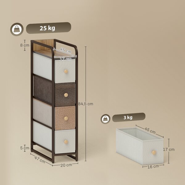 HOMCOM Cassettiera Salvaspazio con 4 Cassetti Pieghevoli in Tessuto, Acciaio e Legno, 20x47x84.5 cm, Multicolore | Aosom Italy