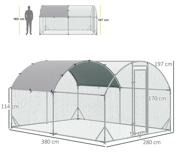 PawHut Recinto per Galline in Metallo Galvanizzato con Tetto e Copertura Anti UV, 280x380x197 cm, Argento | Aosom Italy