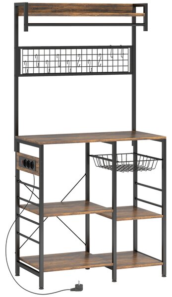 HOMCOM Scaffale Cucina con Prese e LED, Angolo Caffè, Asta Appendiabiti, Pannello in Metallo, 5 Ripiani, Cestello, 10 Ganci, Marrone Rustico | Aosom Italy
