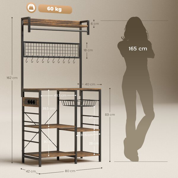 HOMCOM Scaffale Cucina con Prese e LED, Angolo Caffè, Asta Appendiabiti, Pannello in Metallo, 5 Ripiani, Cestello, 10 Ganci, Marrone Rustico | Aosom Italy