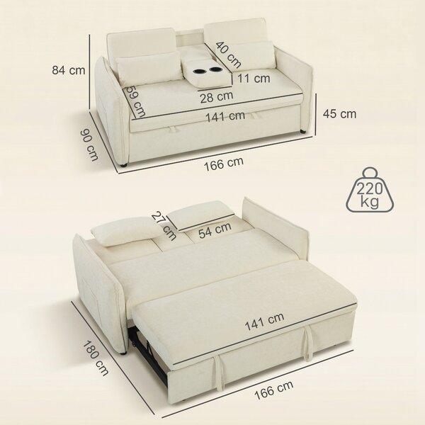 HOMCOM 3 in 1 Divano Letto 2 Posti con Schienale Regolabile in 3 Posizioni con 2 Cuscini, in Ciniglia, Beige | Aosom Italy