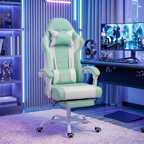 HOMCOM Sedia Gaming con Massaggio Lombare a Vibrazione, Reclinabile 155°, Altezza Regolabile, Poggiatesta e Poggiapiedi Retrattile, Azzurro | Aosom Italy