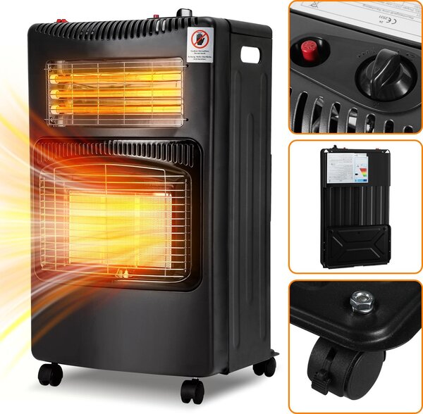 Eikuavons, piano cottura a gas con funzione combinata elettrica, 4200/1200 Watt, accensione piezoelettrica, sistema di sicurezza anticaduta, rilevatore di fiamma (ODS), 4 ruote piroettanti, colore nero