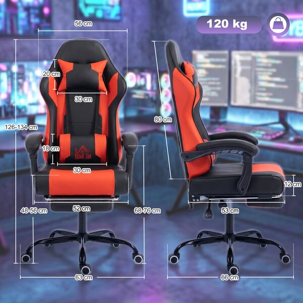 HOMCOM Sedia Gaming con Massaggio Lombare a Vibrazione, Reclinabile 155°, Altezza Regolabile, Poggiatesta e Poggiapiedi Retrattile, Rosso | Aosom Italy
