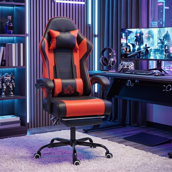 HOMCOM Sedia Gaming con Massaggio Lombare a Vibrazione, Reclinabile 155°, Altezza Regolabile, Poggiatesta e Poggiapiedi Retrattile, Rosso | Aosom Italy
