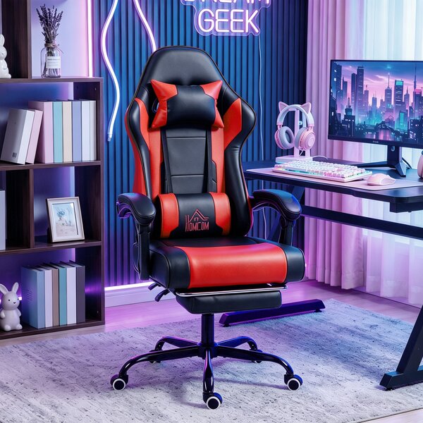 HOMCOM Sedia Gaming con Massaggio Lombare a Vibrazione, Reclinabile 155°, Altezza Regolabile, Poggiatesta e Poggiapiedi Retrattile, Rosso | Aosom Italy