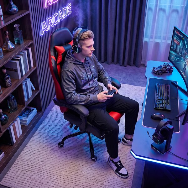 HOMCOM Sedia Gaming con Massaggio Lombare a Vibrazione, Reclinabile 155°, Altezza Regolabile, Poggiatesta e Poggiapiedi Retrattile, Rosso | Aosom Italy