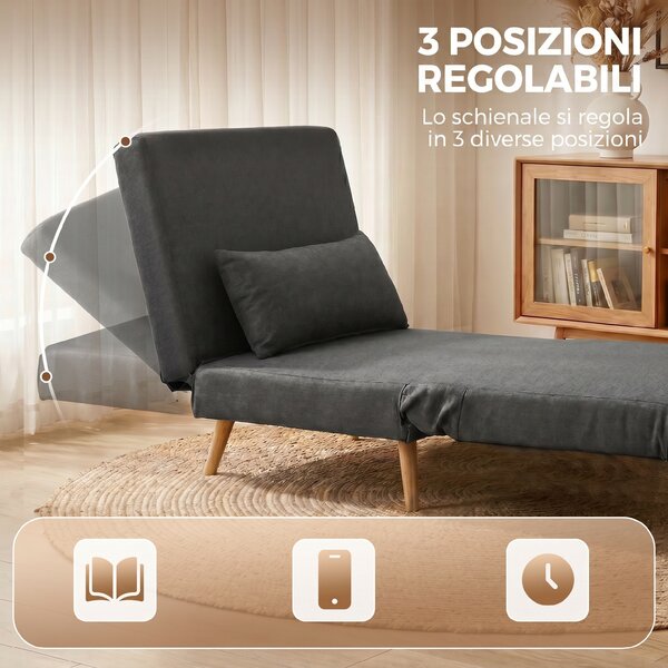 HOMCOM Poltrona Letto Singola 3 in 1 con Schienale Regolabile in 3 Livelli e Cuscino, in Tessuto Effetto Lino, Grigio | Aosom Italy