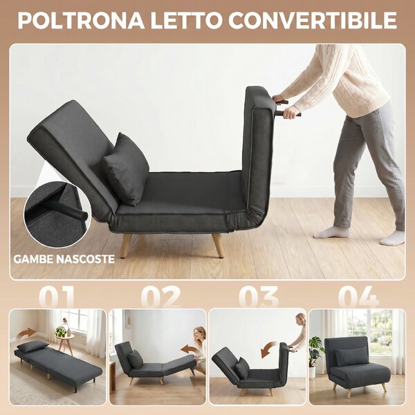 HOMCOM Poltrona Letto Singola 3 in 1 con Schienale Regolabile in 3 Livelli e Cuscino, in Tessuto Effetto Lino, Grigio | Aosom Italy