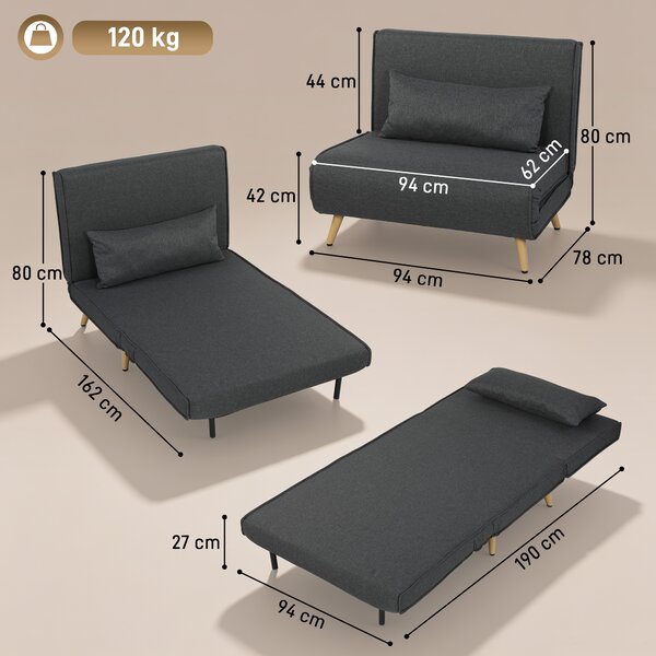 HOMCOM Poltrona Letto Singola 3 in 1 con Schienale Regolabile in 3 Livelli e Cuscino, in Tessuto Effetto Lino, Grigio | Aosom Italy