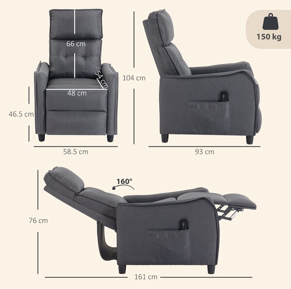 HOMCOM Poltrona Relax Reclinabile con Vibrazione Massaggiante, Imbottitura a Molle e Poggiapiedi, Effetto Lino, Grigio | Aosom Italy