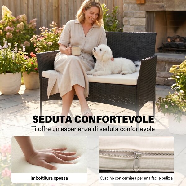 Outsunny Divano da Giardino a 2 Posti con Cuscino e Braccioli in Rattan PE e Acciaio, 100x54x80cm, Nero