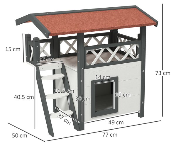 PawHut Casetta per Gatti da Esterno con Terrazza e Scaletta in Legno, 77x50x73cm, Bianco e Grigio|Aosom