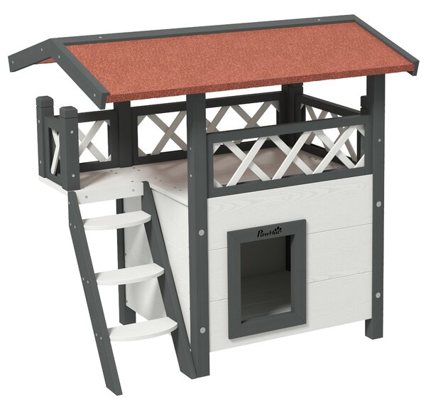 PawHut Casetta per Gatti da Esterno con Terrazza e Scaletta in Legno, 77x50x73cm, Bianco e Grigio|Aosom
