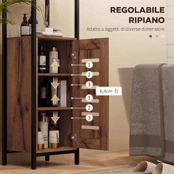 Kleankin Mobile Bagno Alto Stretto, Mobiletto Bagno Salvaspazio con Ante Soft Close a Persiana, 3 Ripiani Aperti, Ripiani Regolabili, Marrone Rustico | Aosom Italy