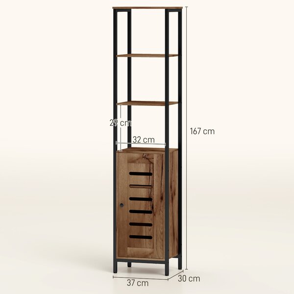 Kleankin Mobile Bagno Alto Stretto, Mobiletto Bagno Salvaspazio con Ante Soft Close a Persiana, 3 Ripiani Aperti, Ripiani Regolabili, Marrone Rustico | Aosom Italy