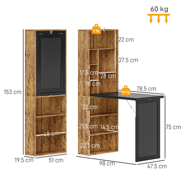 HOMCOM Scrivania Moderna Pieghevole con Libreria e Lavagna, in Legno e Metallo, 98x51x153 cm, Marrone Rustico | Aosom Italy