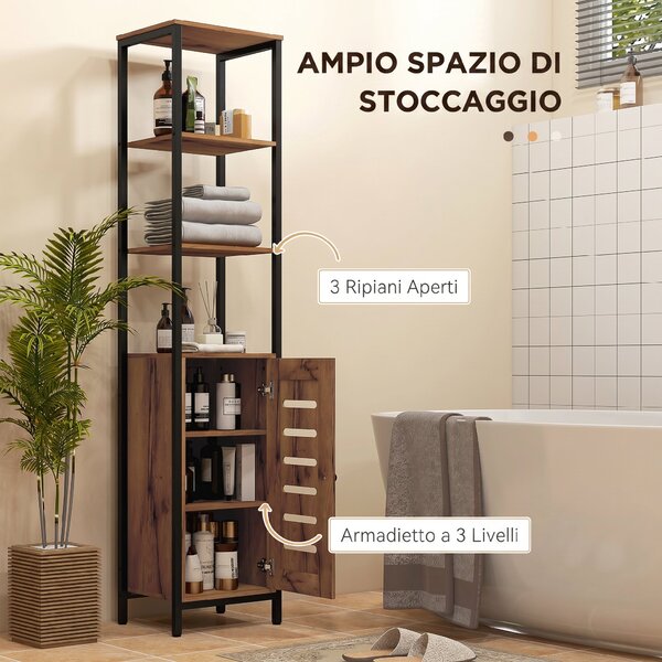 Kleankin Mobile Bagno Alto Stretto, Mobiletto Bagno Salvaspazio con Ante Soft Close a Persiana, 3 Ripiani Aperti, Ripiani Regolabili, Marrone Rustico | Aosom Italy