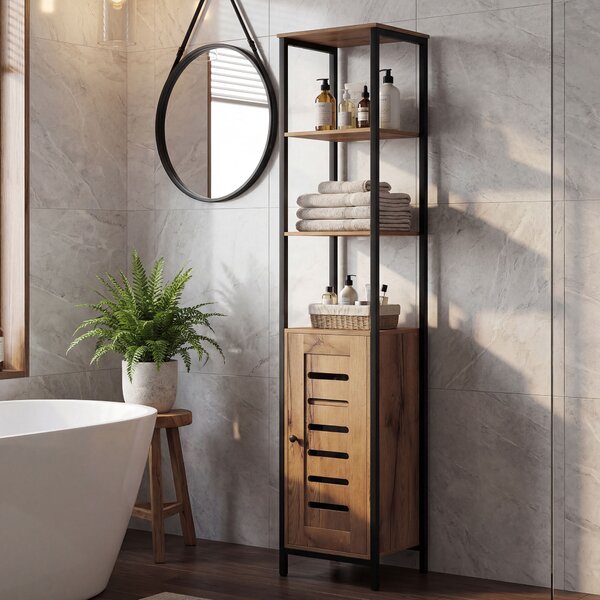 Kleankin Mobile Bagno Alto Stretto, Mobiletto Bagno Salvaspazio con Ante Soft Close a Persiana, 3 Ripiani Aperti, Ripiani Regolabili, Marrone Rustico | Aosom Italy