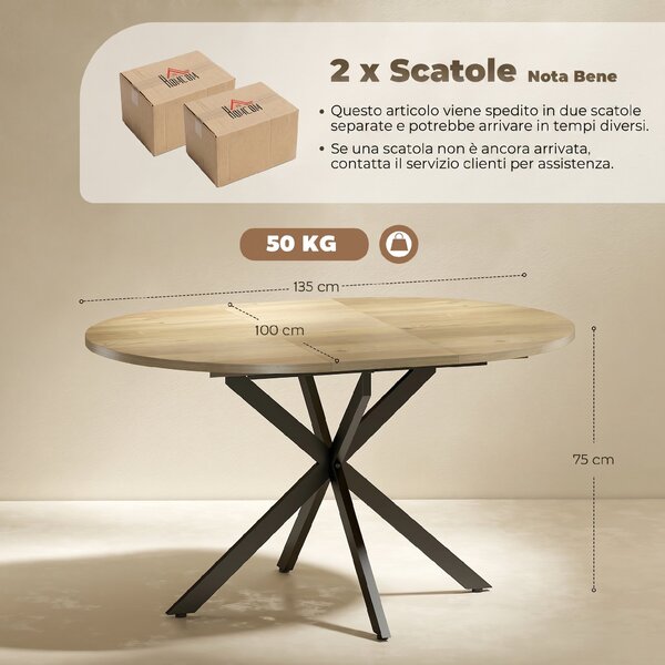HOMCOM Tavolo da Pranzo Industriale per 4-6 Persone con Ribalta Rotonda, in Legno e Acciaio, 135x100x75 cm | Aosom Italy